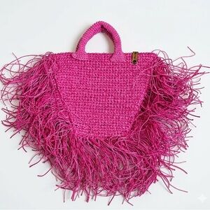 Alara Bags Pink Raffia Fringe Crochet Tote Boho Festival Beach Handbag